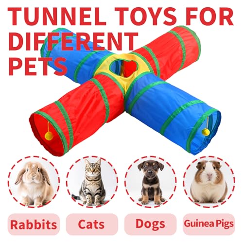 Pet Cat Tunnel, 4 Way Tunnels for Indoor Cats, Collapsible Pet Tunnel for Kitten, Puppy, Rabbit, 25cm-Wide Tunnels, Durable & Breathable, with Peek Hole Toy Ball - color: 4-way Junction Tunnel & Rainbow