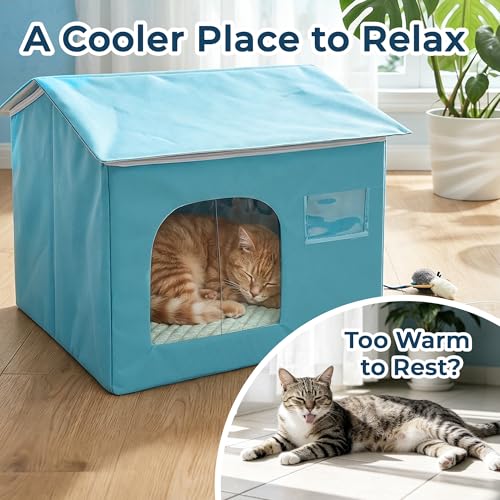 PatiencET Cat Cooling House for 1 Cat, Indoor Cooling Cat House for Summer, Blue Cat Hideaway Bed with Side Ice Packs, Insulated Foil Lining - size: Medium