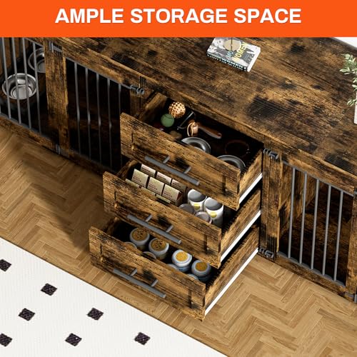 Rophefx 94.5" Dog Crate Furniture for 2 Dogs, Wooden Kennel TV Stand,Brown | Indoor double dog house with 3 storage drawers, 4 feeding bowls, lockable doors, and a wide top for large and medium dogs - color: Rustic Brown