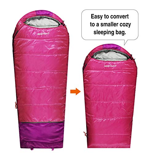 REDCAMP Kids Mummy Sleeping Bag for Camping, 3 Season Cold Weather Sleeping Bag Fit Boys,Girls & Teens, Blue/Rose Red - color: Pink with 3.3lbs Filling