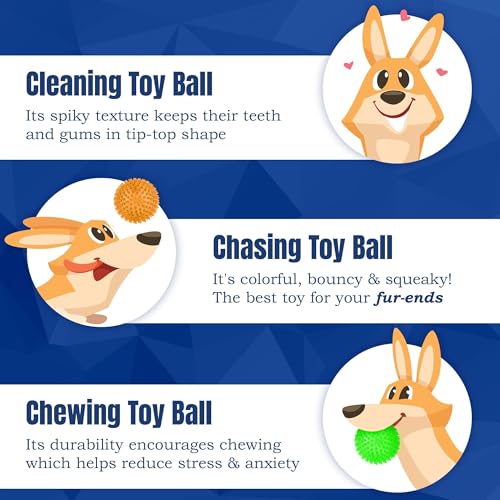 Meric CoCoo 3-Pack Squeaky Dog & Ferret Ball Toys, 2.3", Massage Teeth and Gums, Spikey Cat Rubber Balls, Toss Fetch Squeeky Doggy Balls for Multi-Pet Homes