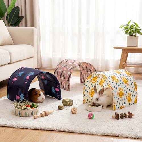 BreezeHug 4 Pcs Guinea Pig Tunnel Foldable Rabbit Hideout Washable and Soft Bunny Hide House Ferret Tunnel Toys Cage Accessories for Small Animal Hamster Hedgehogs Chinchilla (Cute Pattern) - style: Cute Pattern