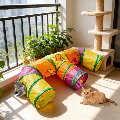 3 Way Collapsible Cat Tunnels with Interactive Ball, E Shape Folded Pet Tube Toy for Indoor Cats, Puppy, Kitty, Kitten, Rabbit - size: E Shape