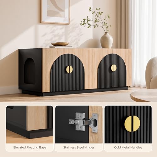Amunrbrek Double Cat Litter Box Enclosure Furniture with Optional Divider - color: Black and Natural Double