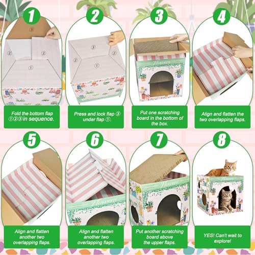 Cinrobiye Cardboard Cat House with 2 Pcs Scratching Pad，Pet Hideaway Cave Board Bed Playhouse Condo Box Decor Small Animals Scratcher Bed for Indoor Cats Kittens Rabbits Bunny - color: Light green