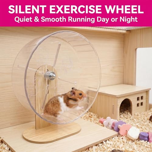 26 Pcs Hamster Cage Accessories, Silent Wheel & Wood House Set | Includes Maze House, Water Bottle, 13 Chew Toys, Seesaw Bridge; Natural Wood, for Guinea Pigs Chinchillas Gerbils Mice Rats