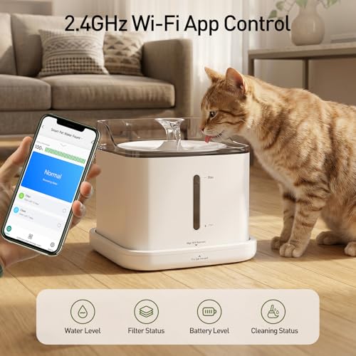 Cat Water Fountain, 2.2L Automatic Pet Water Fountain for Cats and Small Dogs, 2.4GHz WiFi App Control, Rechargeable Motion Sensor, 3 Water Modes, Detachable Tank, White - color: WHITE