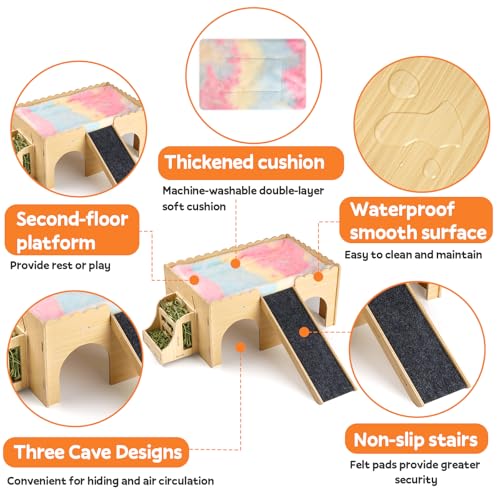 Large Guinea Pig Wooden Hideout with Detachable Snack Hay Feeder, Guinea Pig Castle with Plush Cushion and Ramp - Easy Assembly House for Play, Sleep & Exploration