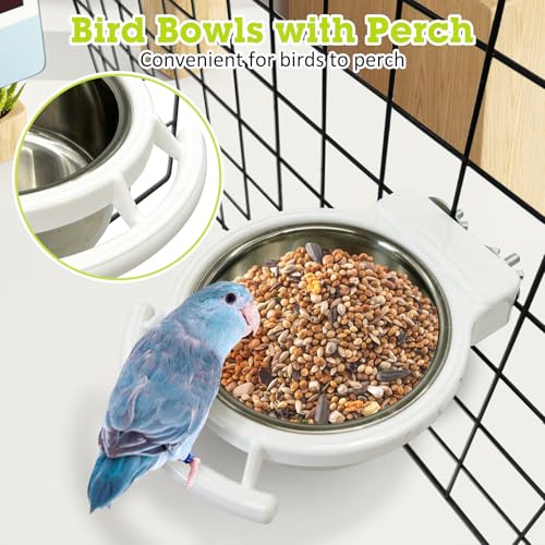 Stainless Steel Bird Bowls for Cage 2 Pcs Parrot Feeding Dish Metal Food and Water Cups Detachable Birds Cage Feeder Hanging Finch Food Plates with Perch for Parakeet Budgie Lovebird (White) - color: White