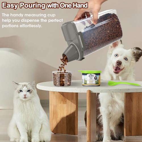 TBMax Small Dog Food Storage Container 3 Qt with Cat Food Can Cover and Mixing Spoon, Portable Travel Pet Food Dispenser with Large Spout and Cup - color: Grey 3Qt