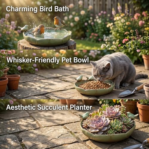 9.5" Glazed Ceramic Nature Sanctuary-Whisker-Safe Oasis for Pets & Birds | Outdoor Bird Bath , Heavy Duty Decorative Shallow Dish for Cats, Small Dogs, Garden Wildlife - Aesthetic Succulent Planter