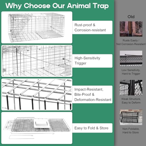 Humane Live Animal Trap Cage 26" × 9" × 10",Heavy-Duty Live Catch Cage for Raccoon, Squirrel, Stray Cats, Groundhogs, Armadillos, Opossums, Rabbits, Skunk, Mole, Small Wildlife Control - size: 26"×9"×10"