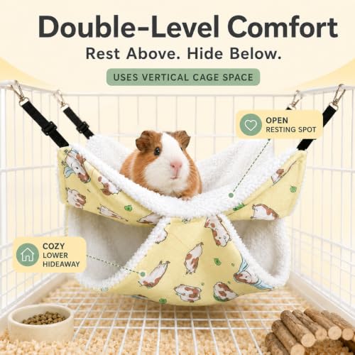 Small Pet Hammock & Tunnel Set for Ferrets, Guinea Pigs, Rats - Plush Hideout Bed & Cage Toy, 2-Pack, Yellow Guinea Pig Print - color: Yellow
