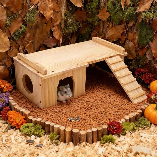 Hacaroa Wooden Hamster Hideout with Ladder, Large Hamster Platform Guinea Pig Hide Play House, Small Animals Climbing Toy Chinchillas Cage Accessories for Syrian Hamsters, Rats, Gerbils