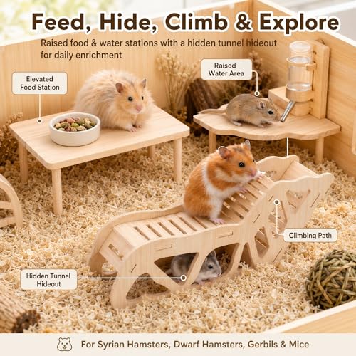3-Piece Hamster Wood Platform Set with Tunnel Hideout, Natural Cage Accessories with Hides, Food & Water Stations, Climbing & Burrowing for Dwarf, Syrian Hamsters, Mice & Gerbils