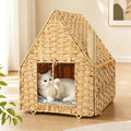Handwoven Rattan Cat Bed for Indoor Kitten, Cat Cave Bed with Sisal Ball, Cushion & Cat Scratch Post, Foldable Hideaway Cat Hut in Bedroom Living Room, Natural - color: Natural B