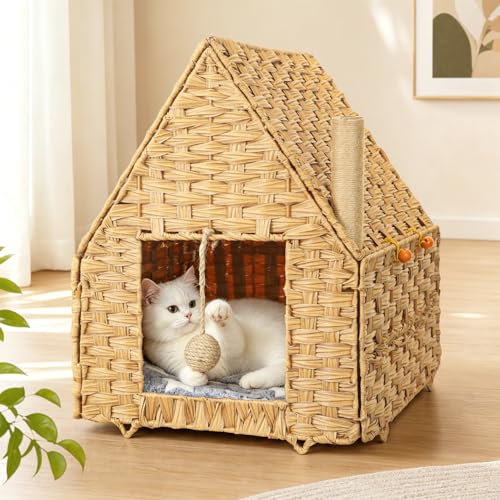 Handwoven Rattan Cat Bed for Indoor Kitten, Cat Cave Bed with Sisal Ball, Cushion & Cat Scratch Post, Foldable Hideaway Cat Hut in Bedroom Living Room, Natural - color: Natural B
