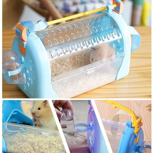 kathson Portable Hamster Cage Dwarf Hamster Carry Travel Cage with Water Bottle Food Bowl Adjustable Strap Pet Outgoing Cage for Gerbil Hedgehog Mice Squirrel - color: Hamster Carriers Blue