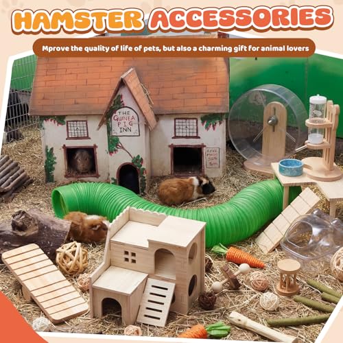 40 Pcs Hamster Cage Accessories, 9.5'' Exercise Wheel, Wood Platform Hideout House, Water Bottle, Sand Bath, Bowl, Chew Toys for Syrian Hamsters Mice Gerbils Habitat Decor(Fun Style) - style: Fun style