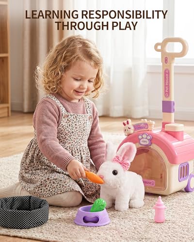 23Pcs Hopping Bunny Toy Set for Kids with Rolling Carrier House | Interactive Electric Walking Rabbit, Pretend Pet Care Grooming & Feeding Kit, Gift for Little Girls Toddlers 3-5 - style: rabbit