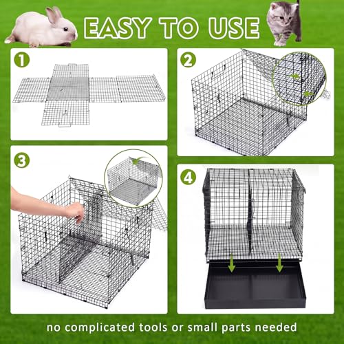 DoubleFill 2 Hole Folding Rabbit Transport Cage, Portable 18 x 18 x 14 in Black Bunny Carrier with Tray and Handles for Travel or Temporary Housing, Indoor Outdoor Pet Habitat Animal Enclosure