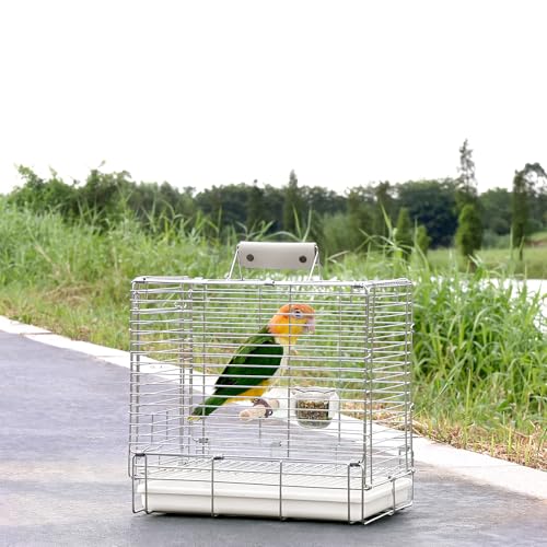 Bird Carrier Travel Cage - 304 Stainless Steel Portable Folding Bird Travel Cage with Parrot Feeder Cups & Standing Perch for Smaller Birds Conures Lovebird Cockatiel Parakeets (White) | 304 Stainless Steel, Portable Folding, Parrot Feeder Cups & Standing