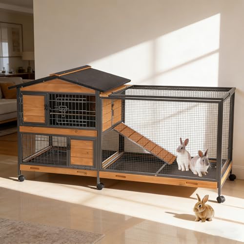Large Rabbit Hutch Indoor Outdoor, Wooden Bunny Cage with Metal Frame, Chew-Proof Ramp, 3 Leakproof Pull-Out Trays, Rolling Wheels with Locks, Multi-Door Easy Access Small Animal Cage - color: Black-AIR19-X