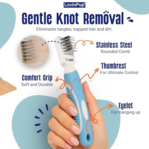 Pet Mat Remover – Professional Dematting Comb for Dogs and Cats | Dematting Comb w/Stainless Steel Rounded Teeth for Gentle Knot & Tangle Removal – Dog Dematting Tools & Dog Grooming Supplies - size: Mat Remover