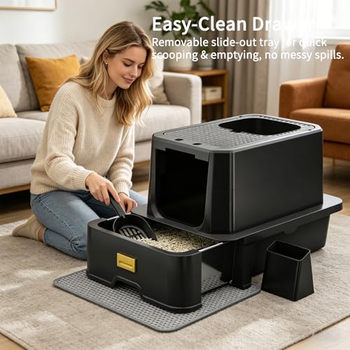 RIZZARI Enclosed Cat Litter Box: Stainless, Top Entry, Easy Clean | Built-In Deodorizer Spray / Extra Large / High Splash Sides / Top-Exit Tracking Control / Slide-Out Drawer / Apartments - color: Carbon black with gun