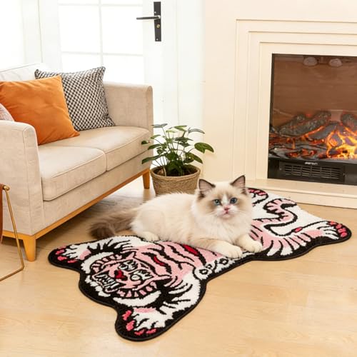 Tibetan Tiger Rug, Pink Tiger Bath Mat Fun Animal Bathroom Rug | 24 x 40 In, Soft Plush Pile, Non-Slip Backing, Washable, Irregular Shape, Bedroom and Living Room Floor Accent - color: Pink
