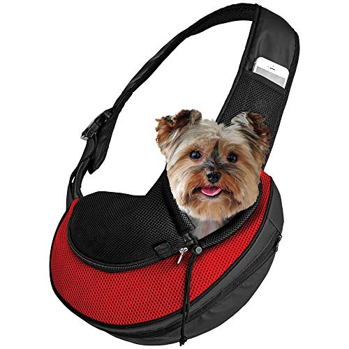 Expandable Pet Carrier Sling Bag - Small Dog, Puppy and Cat Carrier Front Shoulder Backpack w/Harness Strap - Carrying Pouch for ESA, Animal Travel - PU Leather Bottom, Mesh Pocket by Katziela (Red) - color: Red