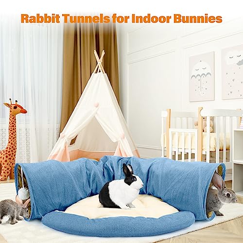 BWOGUE Bunny Tunnel Bed, 2-in-1 Collapsible Rabbit Tunnel Hideout with Mat | Rabbit Tunnel for Indoor Bunnies, 46.8 in Length, Removable Mat, Ball Toy for Play, Soft Suede Fabric, Cats Guinea Pigs - color: Blue