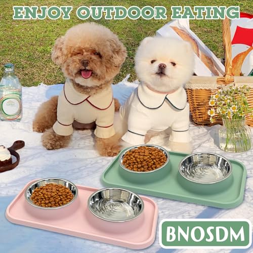 BNOSDM 2 Pcs Double Dog Food Bowls, Stainless Steel Small Dog Food and Water Bowls with Non-Spill Plastic Mat, Pet Cat Feeder Dish Set for Puppy Cats Kitten, Pink - color: Pink【Set of 2】