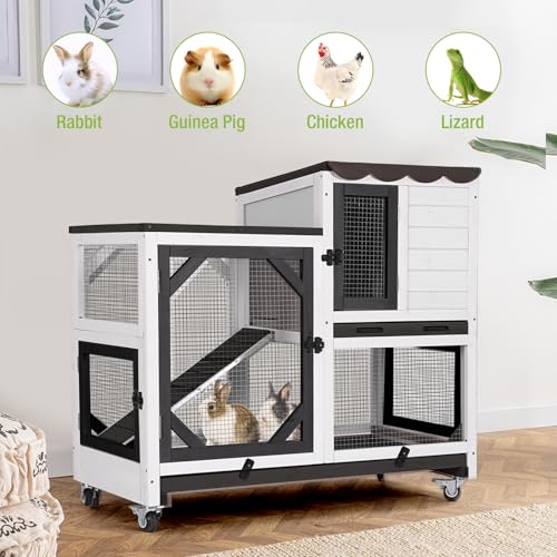 GUTINNEEN Rabbit Hutch Indoor Outdoor 2 Story Bunny House on Wheels Wood Rabbit Cage with 2 Pull Out Trays Guinea Pig Cage (Black) - size: 39.3"L x 22.0"W x 36.8"H