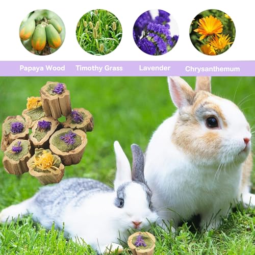Natural Rabbit Chew Toys,Papaya Wood Sticks Organic Rabbit Treats with Timothy Hay Cakes and Dried Flower Rabbit Enrichment Toys for Guinea Pig Teeth Grinding (3.52 OZ / 100g)