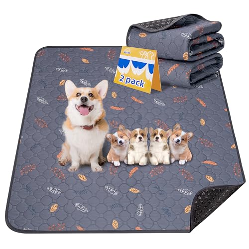 Washable Pee Pads for Dogs - 2 Pack Puppy Pads with Super Absorbent, Non-Slip, Reusable Pee Pads Specifically Designed for Dog Playpen, Crate, Whelping Box, Floor - 36" x 41", Grey - color: Leaves - Deep Grey, size: 36x41 Inch (Pack of 2)