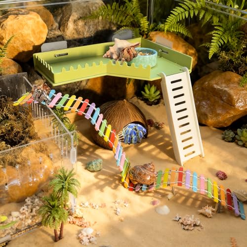 Hermit Crab Platform with Ladder Climbing Toys Hermit Crab Climbing Wall Shelf Habitat Reptile Tank Decor Terrarium Accessories for Leopard Gecko Frogs - Plastic Material - color: Green