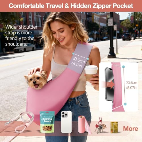 YUDODO Adjustable Dog Sling Carrier for Small Dogs, Puppy Crossbody Carrier | Safety Strap, Pocket Storage, Machine Washable, Comfortable Travel & Outdoor Lightweight Sling, 4-10lbs, Pink - color: Pink (4-10lbs)