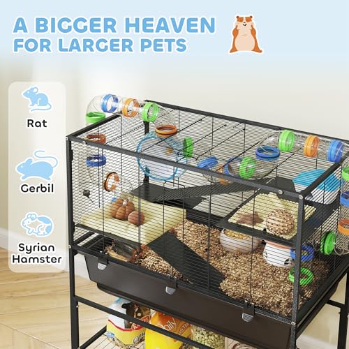PawHut Large Hamster Cage with Deep Tray, 3 Tier for Syrian Gerbil Mouse | Rolling Rat Cage, Storage Shelf, Big Exercise Wheel, Tube System, Hut, Platforms, Ramps, Food Dish, Water Bottle - size: 32.3"L x 17.7"W x 41.9"H