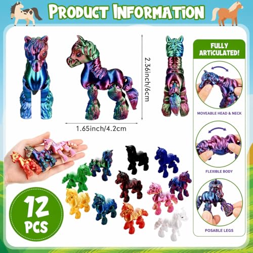 Honoson 12 Pcs 3D Printed Animals 5-7cm, Horse | Articulated Fidget Animals, Flexible 3D Printed Figures for Stress Relief, Cute Mini Joints for Party Favors and Display - size: 5-7cm, style: Horse