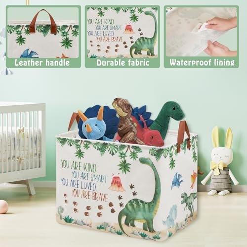 Dinosaur Nursery Decor Baby Gift Basket with Inspirational Quotes Large Kid Storage Chest Trunk Woodland Stone Volcano Book Shelf Basket Collapsible Clothes Toy Bin for Baby Rectangle Hamper,36L - color: Green 4