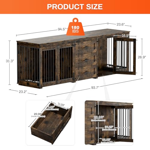 Rophefx 94.5" Dog Crate Furniture for 2 Dogs, Wooden Kennel TV Stand,Brown | Indoor double dog house with 3 storage drawers, 4 feeding bowls, lockable doors, and a wide top for large and medium dogs - color: Rustic Brown