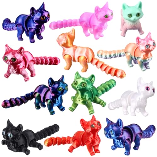 Honoson 12 Pcs 3D Printed Animals 5-7cm, Cat | Articulated Fidget Animals, Flexible 3D Printed Figures for Stress Relief, Cute Mini Joints for Party Favors and Display - size: 5-7cm, style: Cat