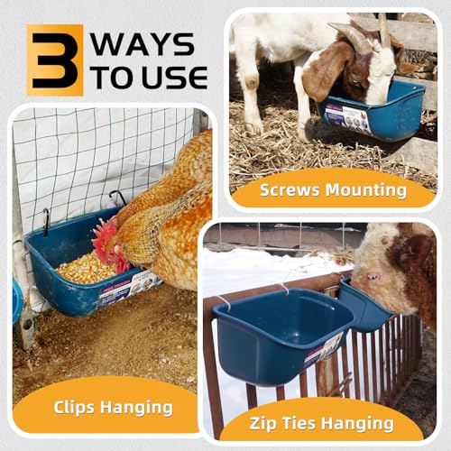 Goovilla Chicken Feeder Waterer, Hanging or Screw-in, 2 Pack 5 Quart, Blue | With Clips and Screws, Goat Feeding Supplies, Duck Piglet Sheeple Coop Dog Livestock Poultry Plastic Feeder Trough Bucket - color: Dark Blue, size: 5 Quart