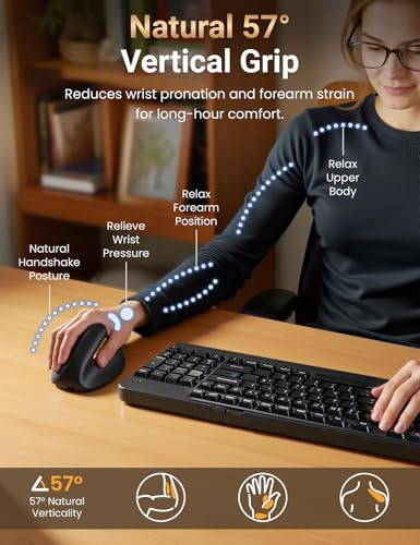 Ergonomic Vertical Wireless Mouse, 57°, Small/Medium Hands, Black | Rechargeable, Quiet Click, 800/1200/1600 DPI, 2.4GHz USB Receiver, Forward/Back Buttons, Computer Mouse for Laptop PC Mac - color: Black