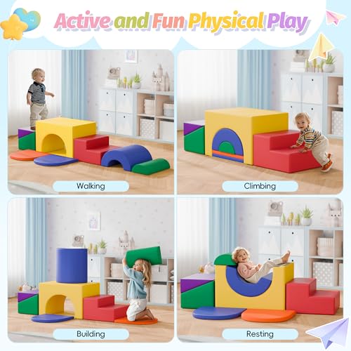 MU ‌Soft Climbing Toys for Toddlers, 7-Piece Baby Soft Foam Climbing Blocks, PU Leather Gym Climb and Crawl Activity Play Set, Indoor Climbing Toys for Kids and Children, Classic - color: Classic
