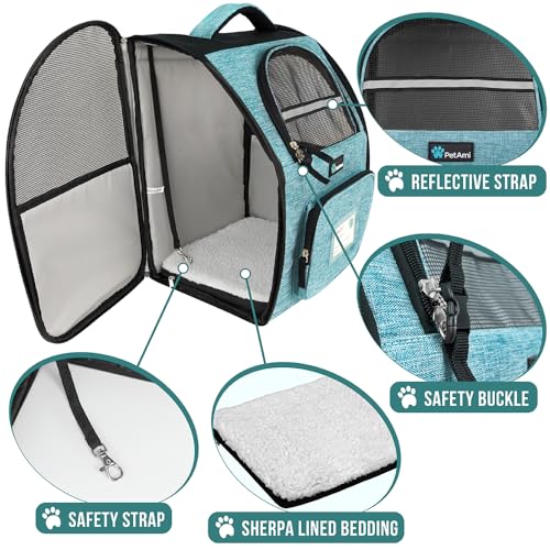 PetAmi Dog Backpack Carrier Airline Approved Cat Pet Puppy Bag, Turquoise | Ideal for Small Medium Large Pet up to 18 lb, 2 Side Entry Structured No-Collapse Frame, Ventilated Bookbag for Hiking Travel - color: Sea Blue