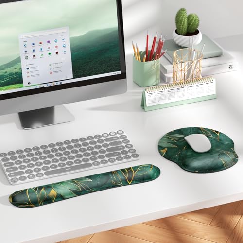 KTRIO Keyboard Wrist Rest & Mouse Pad with Wrist Rest, Green Leaves | Memory Foam Wrist Support, Ergonomic Design, Non-Slip Base, Office and Home Use - color: Green Leaves