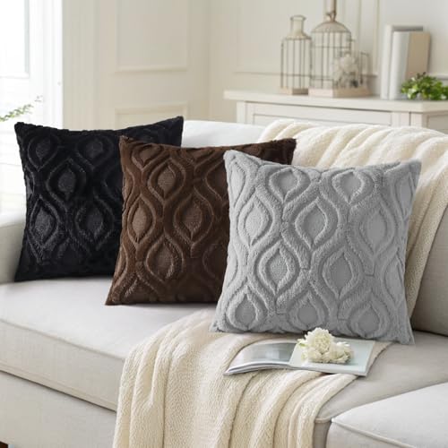 decorUhome Faux Fur Plush Soft Black Throw Pillow Covers 16x16 Set of 2 | Wool Solid Fall Couch Pillow Covers, Accent Modern Farmhouse Neutral Decorative Square Pillow Cases for Sofa Bed Living Room - color: Black, size: 16" x 16" (Pack of 2)