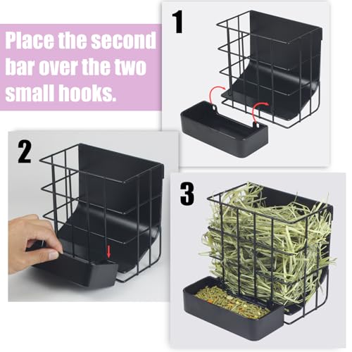 Rabbit Hay Feeder Guinea Pig Hay Feeder, Hay and Food Holder with Hook Heavy-Duty Metal Frame Hay Rack，for Bunny, Guinea Pigs,Chinchillas， Comes with Two Multifunctional Zippers-6.8x6.7x6.6inch - color: Black, size: 1 piece Small